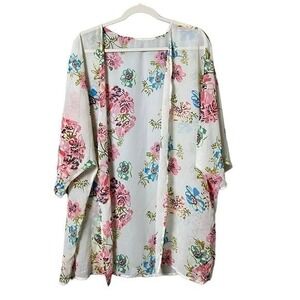 Beachy Bohemian‎ Coverup Wrap Kimono Floral Size L Cream Pink Feminine